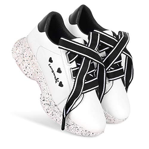 Longwalk Women Ribbon lace Shoes for Girls Printed Chunky Sole Casual Sneakers Black