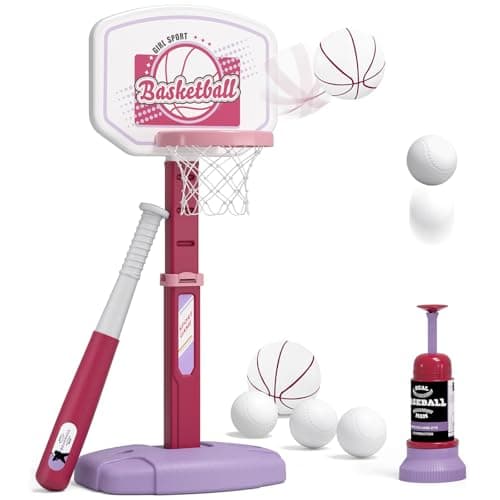 HYES 2 in 1 Kids Basketball Hoop and T Ball Set Adjustable Height Kids Baseball Tee with Automatic Pitching Machine Indoor Outdoor Sport Toys Gifts for Toddler Boys Girls Age 15 Pink