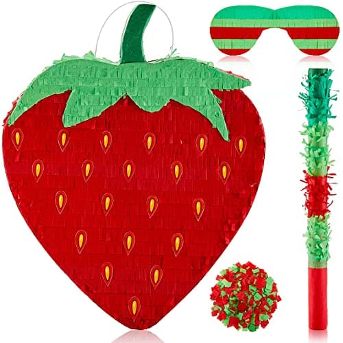 Sotiff 17 Strawberry Piata Summer Fruit Piata for Strawberry Birthday Party Summer Fruit Themed Party Game Supplies with Stick Eye Mask Confetti