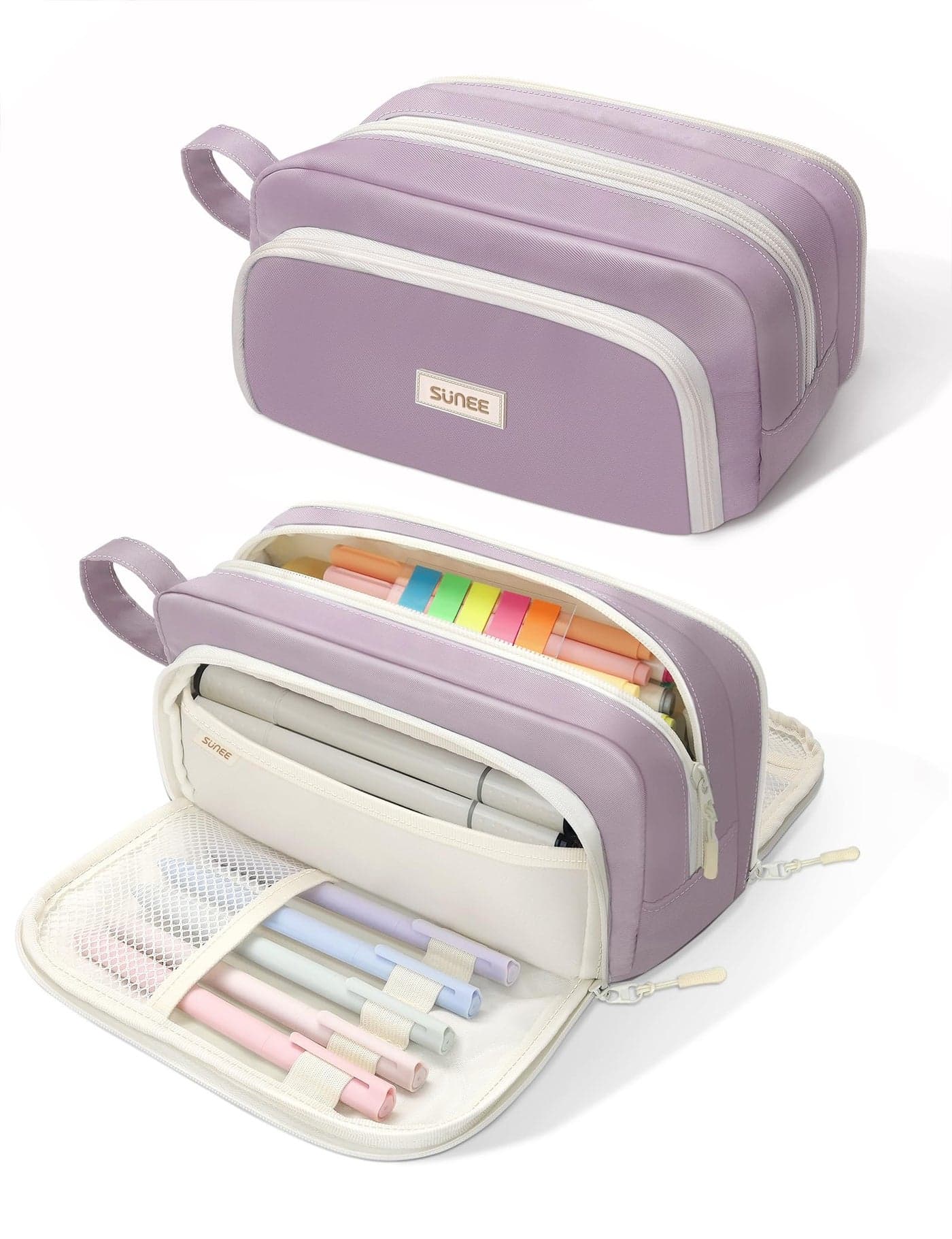 SUNEE Cute Pencil Case, Aesthetic Pen Pouch with 3 Compartments, Kawaii Colored Large Pencil Bag with Zipper, Stationery Storage and Organizer, Purple School Supplies for Teen and Adult Girls