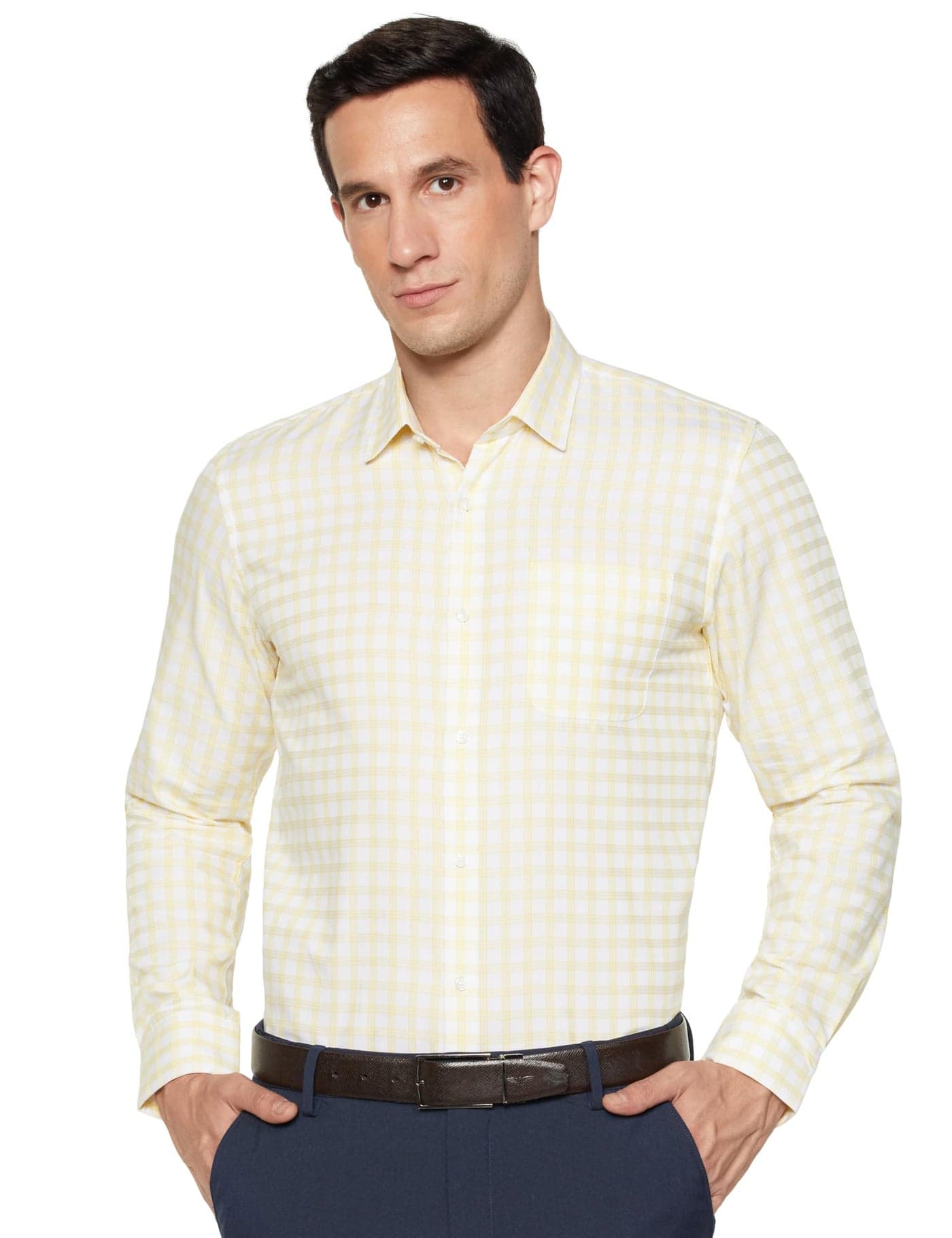 Peter England Men's Classic Checkered Formal Slim Fit Full Sleeve Shirt | Wonder Fabric | Cotton-Rich Yellow