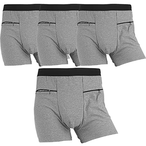 LUEXBOX Pocket Underwear for Men with Secret Hidden Pocket, Travel Boxer Briefs, Large Size 4 Packs (Gray)
