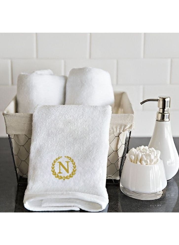 Embroidered For You (White) Luxury Monogrammed Hand Towel (50 x 80 Cm-Set of 1) 100% cotton, Highly Absorbent and Quick dry, Classic Hotel and Spa Quality Bath Linen-600 Gsm (Golden Letter N)