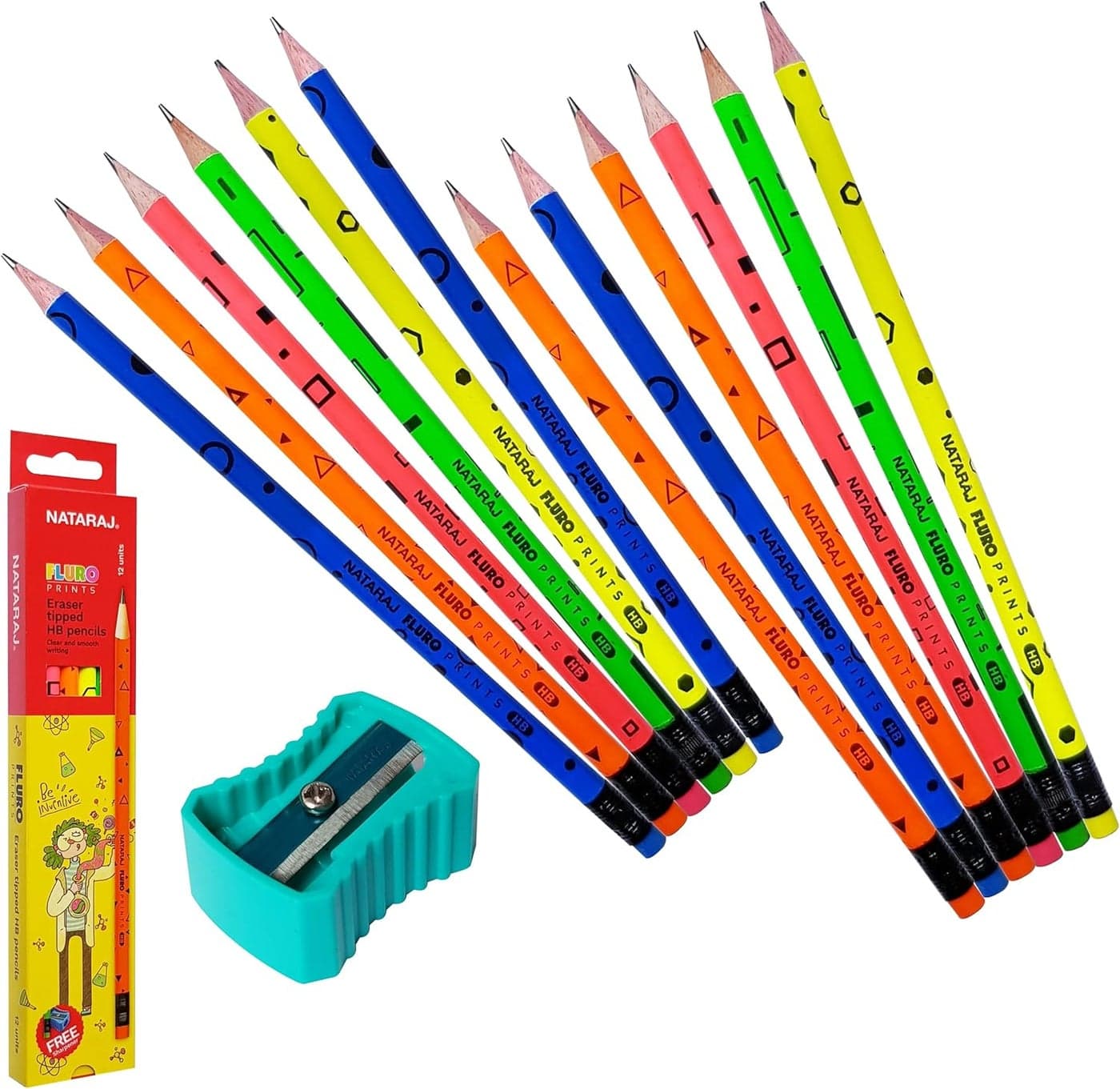 NATARAJ Fluro Print Round Pencils with Rubber Tip - 12 Pack