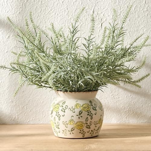 SIDUCAL Ceramic Yellow Rose Floral Vase with Wide Mouth Lace, 4.84 Inch Cracked Chinoiserie Rustic Farmhouse Vases, Pastoral Retro Vase for Home Decor, Table, Living Room, Bathroom, Shelf, Wedding