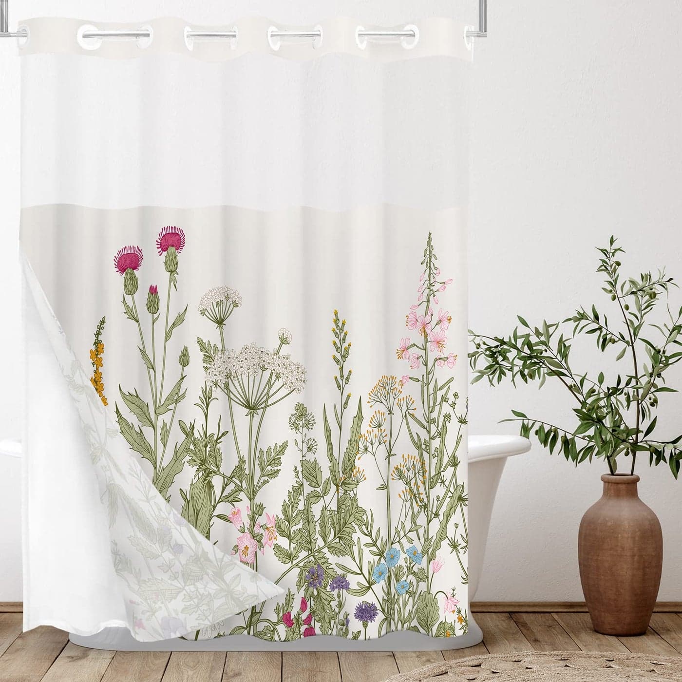 Tititex No Hooks Snap in Liner Vintage Wildflower Botanical Herbs Shower Curtain Sets Hotel Luxury Double Layers Waterproof Fabric SeeThrough Top Window Bathroom Decorative 72x72 Inch