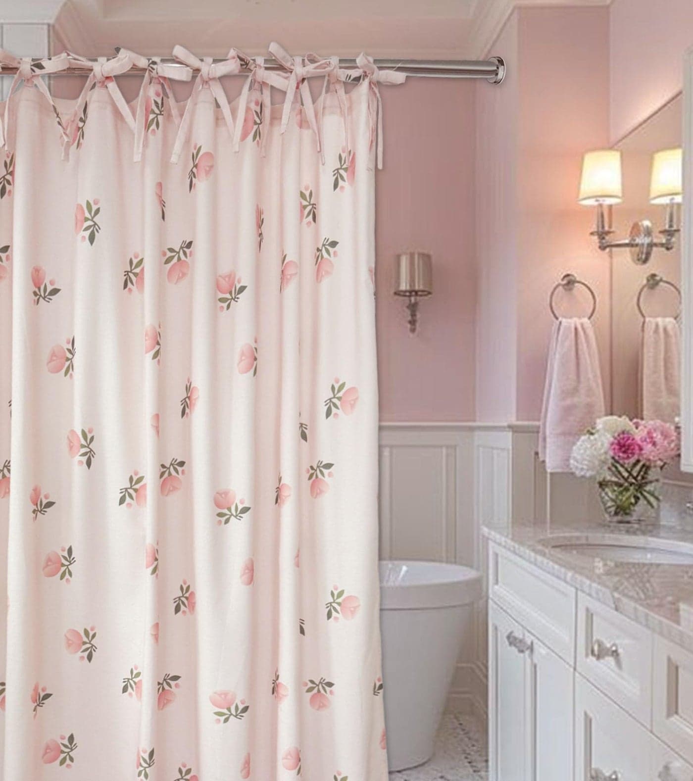 Girly Pink Floral Shower Curtain Hookless Flower Rose Shower Curtain Cotton Blend 72x72 Inches for Bathroom Bedroom