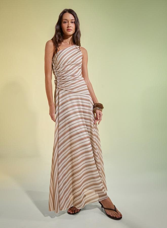 Beige Striped One Shoulder Mesh Maxi Dress