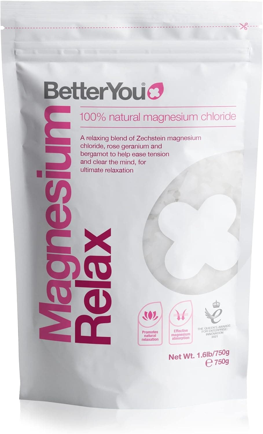 BetterYou Magnesium Relax Bath Flakes Blend of Pure Zechstein Magnesium Chloride with Relaxing Essential Oils Rose Geranium and Bergamot for Ultimate Relaxation 750g