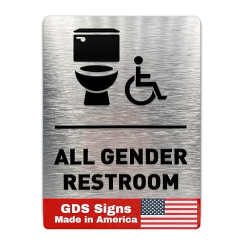All Gender Bathroom Sign by GDS - ADA Compliant, Wheelchair Accessible, Raised Icons, & Grade 2 Braille - Includes Adhesive Strips for Easy Installation - All Gender Restroom Sign for Business, Bathroom Signs for Business, Restroom Signs - 6" W x 8" H (Brushed Aluminum) - Made in USA