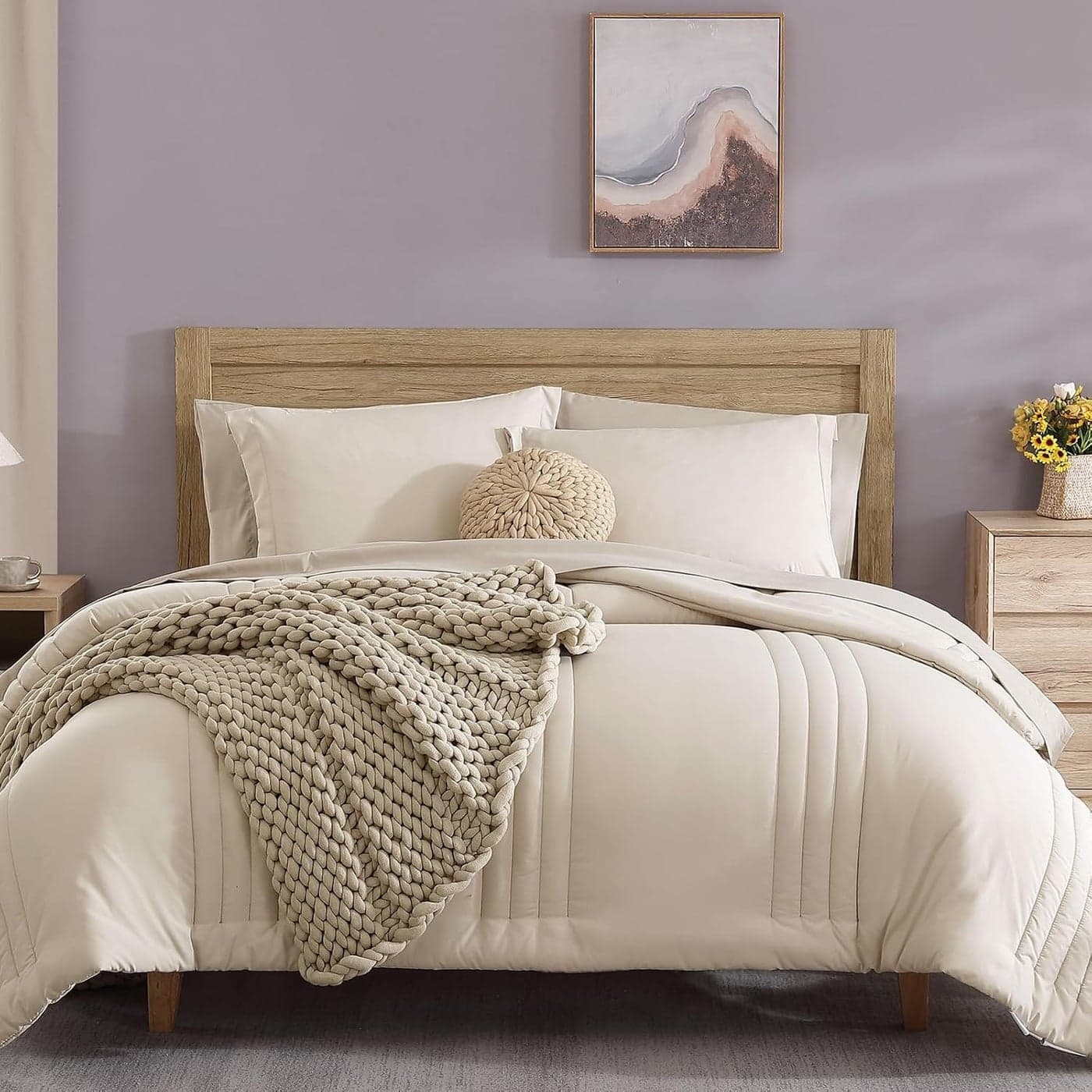 Monbix King Size Comforter Set 7 Pieces Bed in a Bag King Apricot Beige Bedding Sets with Comforter All Seasons Comforter Bed Set with Sheets Pillowcases Shams