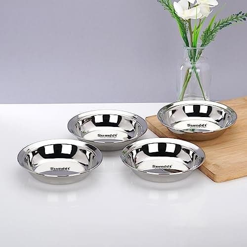 Sumeet Stainless Steel Heavy Gauge Multi Utility Serving Plates with Mirror Finish 14.5cm Dia - Set of 4pc, Silver