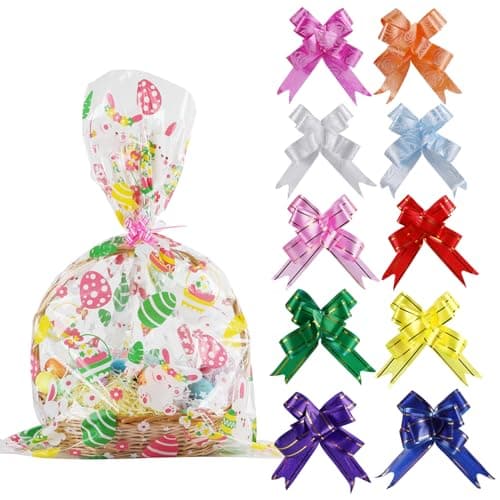 STEFORD 10 PCS Easter Cellophane Basket Bags 24 x 35 Inch Large Clear Cellophane Wraps Plastic Treat Cello Bags with 10 Colors Pull Bows for contents Baskets Easter Party Favor Supplies