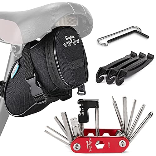 WOTOW Bike Repair Tool Kit & Bike Saddle Bag, 14 in 1 Bike Chain Tool Hex Key Wrench Maintain Accessories Multitool Set with Portable Under Seat Bag for Road Mountain Commuter Bicycle(Red)