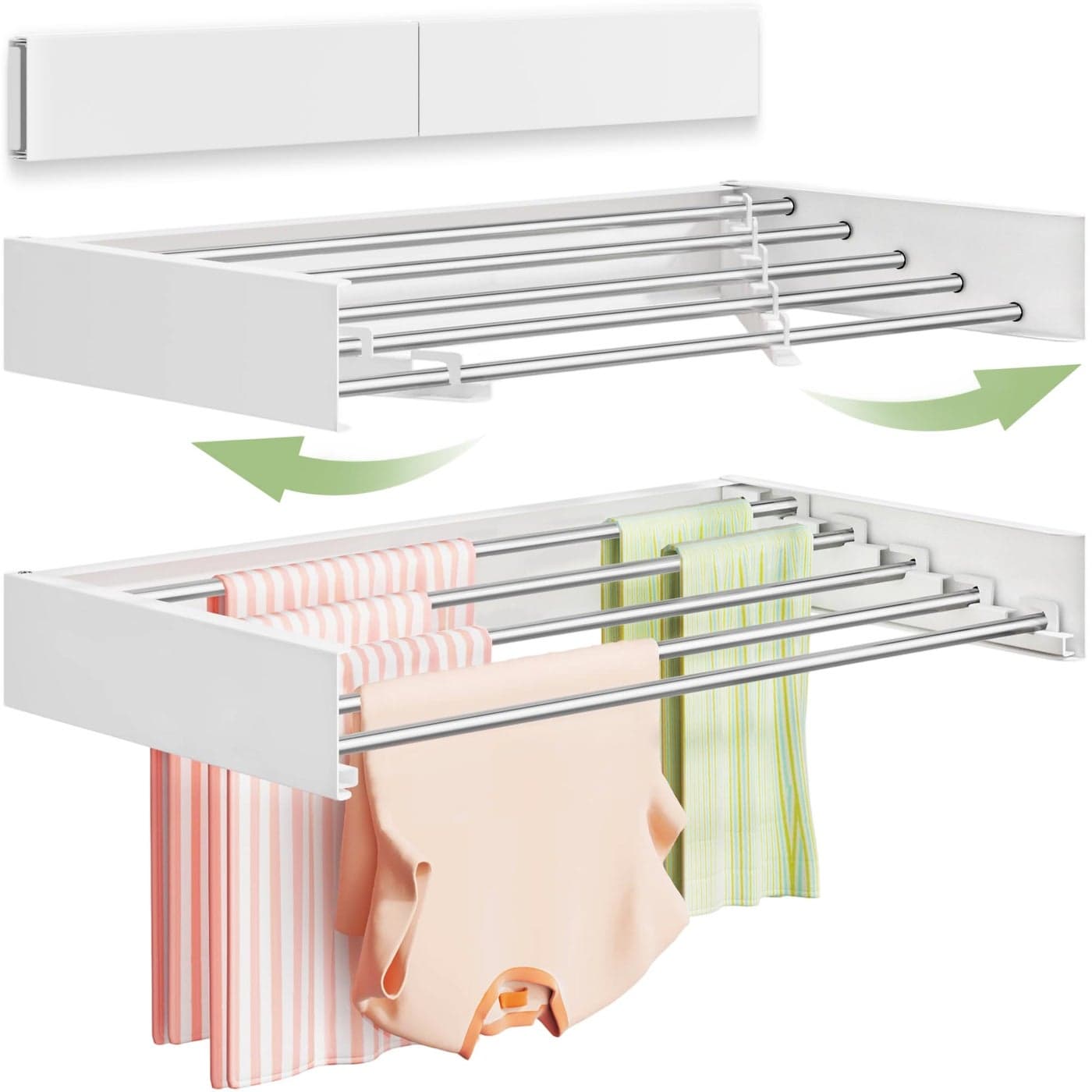 Vikaqi Wall Mounted Clothes Drying Rack 32 Foldable Wall Mount Laundry Rack Folding Indoor Drying Rack Clothing Collapsible Hidden Space Saver with Wall Template 5 Rods White
