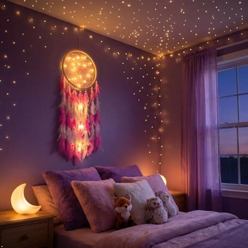 THE URBAN ARTISTIC Handcrafted Wood Dream Catcher with LED Light - Large 7 inch, Rustic Boho Wall Hanging, Bedroom Living Room Decor, Positive Energy Showpiece, Pink