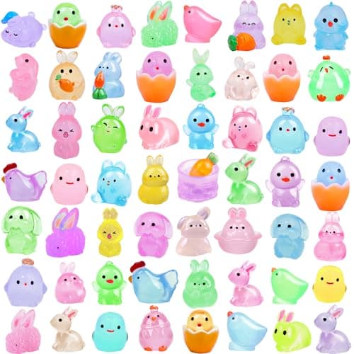 61Pcs Easter Luminous Mini Resin Figurines Miniature Figurines Tiny Small Easter Glow in The Dark Little Bunnies Chicken for Dollhouse Eggs Fillers Landscape Micro Garden Decoration Party Favors