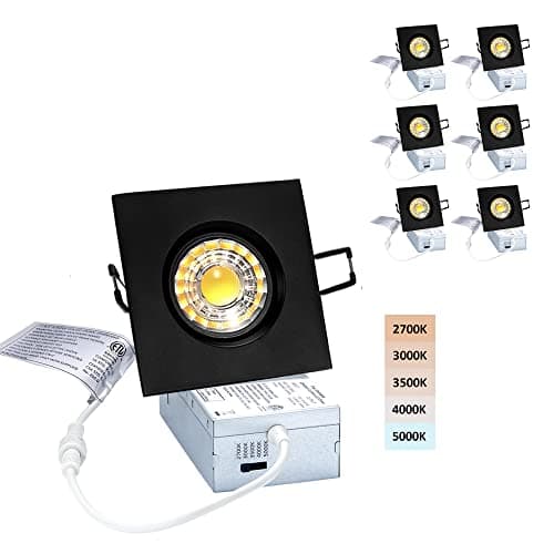 POPANU Canless Recessed Gimbal Downlight Rotatable-Spotlight 5 CCT 3 Inch Eyeball Ceilling Potlight, Dimmable Recessed Lights Fixture with Junction Box, 8W CCT Adjustable, Black Square Finish, 6P