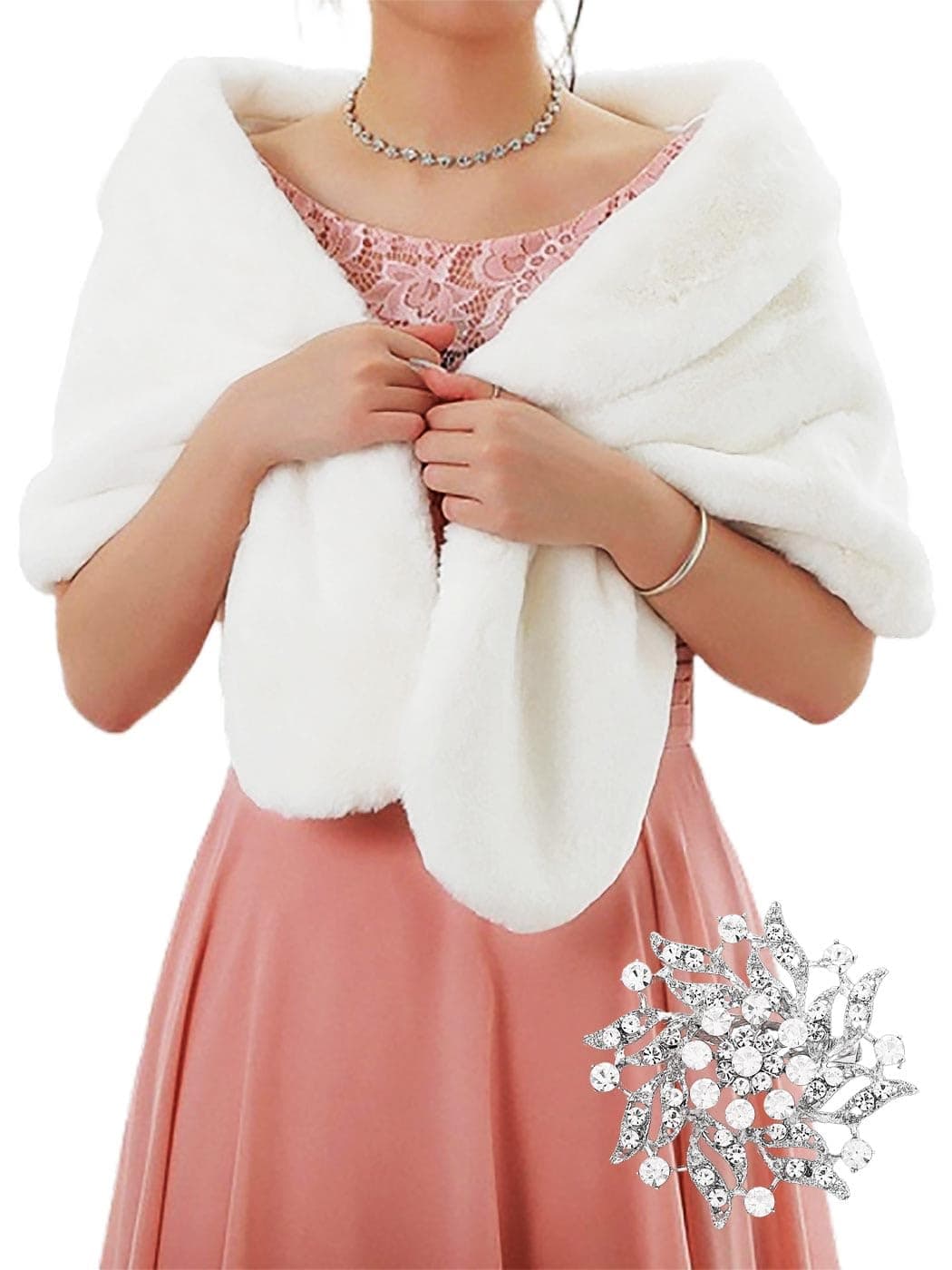 GORAIS Women's Wedding Faux Fur Shawls and Wraps Bridal Fur Scarf Stoles with Brooch for Bride and Bridesmaids (US 4-14(S-M), B White)