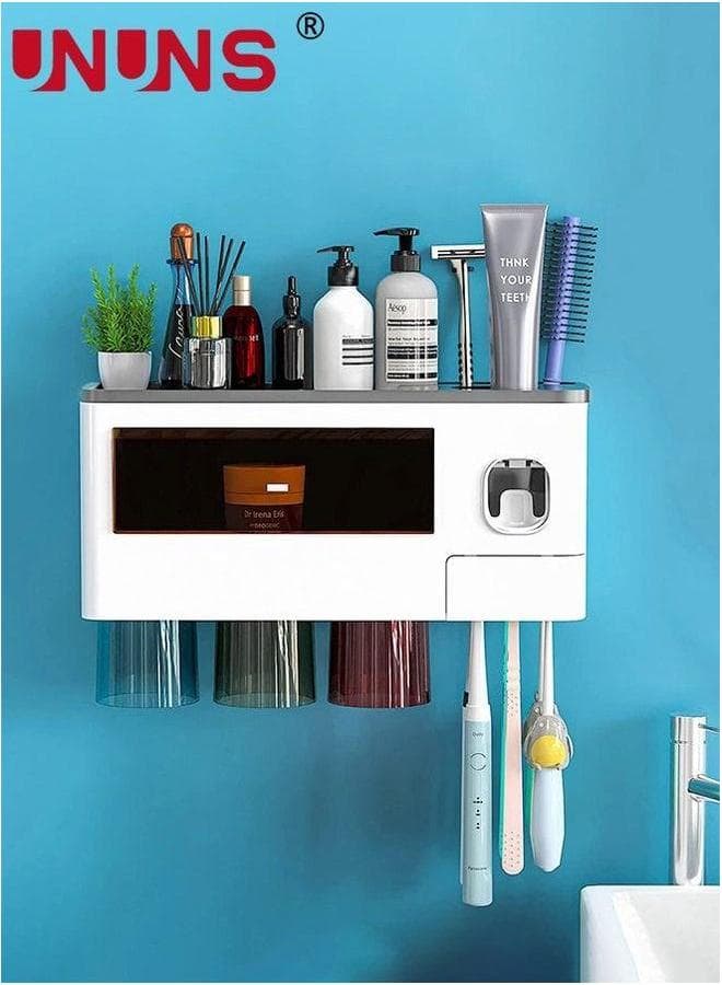 Toothbrush Holders Wall Mounted, Automatic Toothpaste Dispenser Set for Bathrooms, Multifunctional Bathroom Organizer Holder with Cosmetic Drawer, 3 Magnetic Cups and Slots