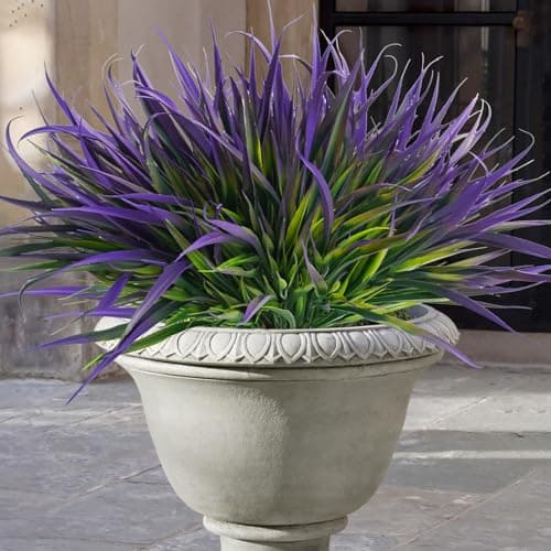 Uieke 12 Bundles Artificial Outdoor Plants UV Resistant Fake Grass Plants Faux Plastic Plants Greenery Shrubs for Home Garden Pathway Window Box Front Porch Cemetery Spring Summer Decor Purple