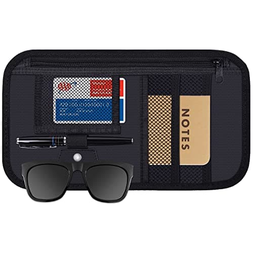 Car Sun Visor Organizer, Wisdompro Vehicle Interior Accessories Storage Pouch Auto Registration Holder with Elastic Strap for Sunglass, Documents, Cards, Pen, Drivers License, etc. (Black)