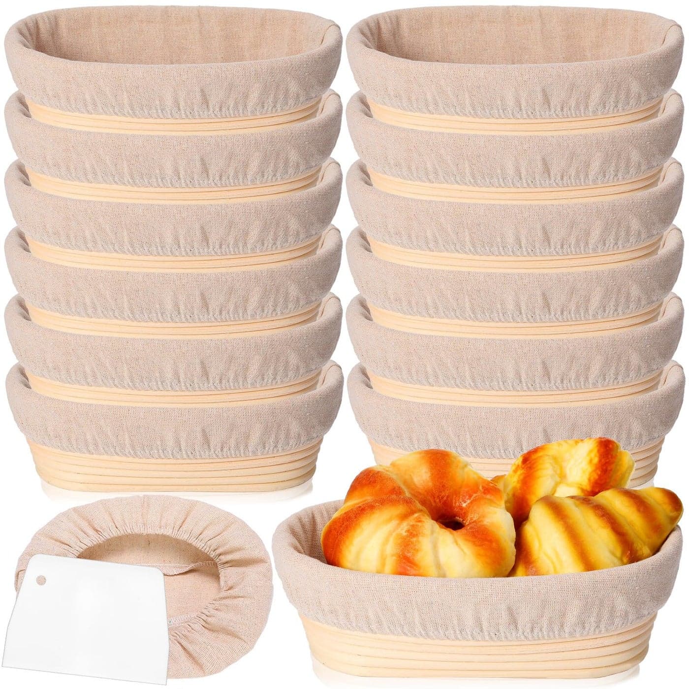 Gejoy 12 Set Bread Proofing Baskets Oval Shaped Banneton Dough Proofing Bowls Kit with Cloth Liner and Plastic Scraper Sourdough Proofing Basket for Home Sourdough Bakers Supplies 10 Inch