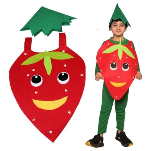 Kaku Fancy Dresses Polyester Strawberry Fruits Costume -Red & Green, 8-10 Years, for Boys & Girls