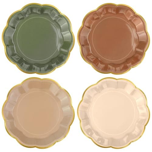 Kochorie 60 PCS Woodland Scalloped Party Plates, 7 Inch Sage Green Brown Dessert Plate, Disposable Gold Foil Border Paper Plates for Birthday Bridal Baby Shower Wedding Forest Party Supplies