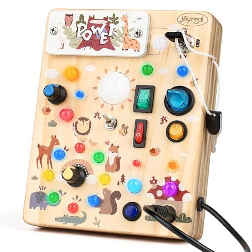 Joyreal Wooden Busy Board with LED Light Montessori Toddler Toys Wooden Sensory Board Toddlers Activity Travel Toys for Boy Girl Birthday Gift Forest Theme