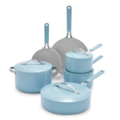 GreenLife 10-Piece Nonstick Ceramic Cookware Set, Lightweight Healthy PFAS-Free Pots & Pans with Lids, Dishwasher & Oven Safe, Durable Body, Silicone Stay-Cool Handles, Easy Release, Blue Haze