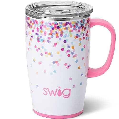 Swig Life 18oz Travel Mug, Insulated Tumbler with Handle and Lid, Cup Holder Friendly, Dishwasher Safe, Lightweight Stainless Steel Travel Coffee Cup, Glitter Tumbler, Glitter Gifts (Confetti)
