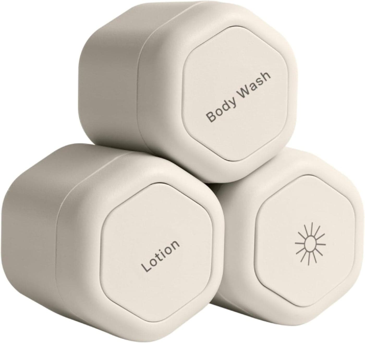 Cadence Travel Containers - Body Care Capsule Set - Magnetic Travel Capsules - For Wash, Lotions, Sunscreens - 3 Flex Mediums (1.32oz) with Body Wash, Lotion, & Sun Icon Labels - Sand
