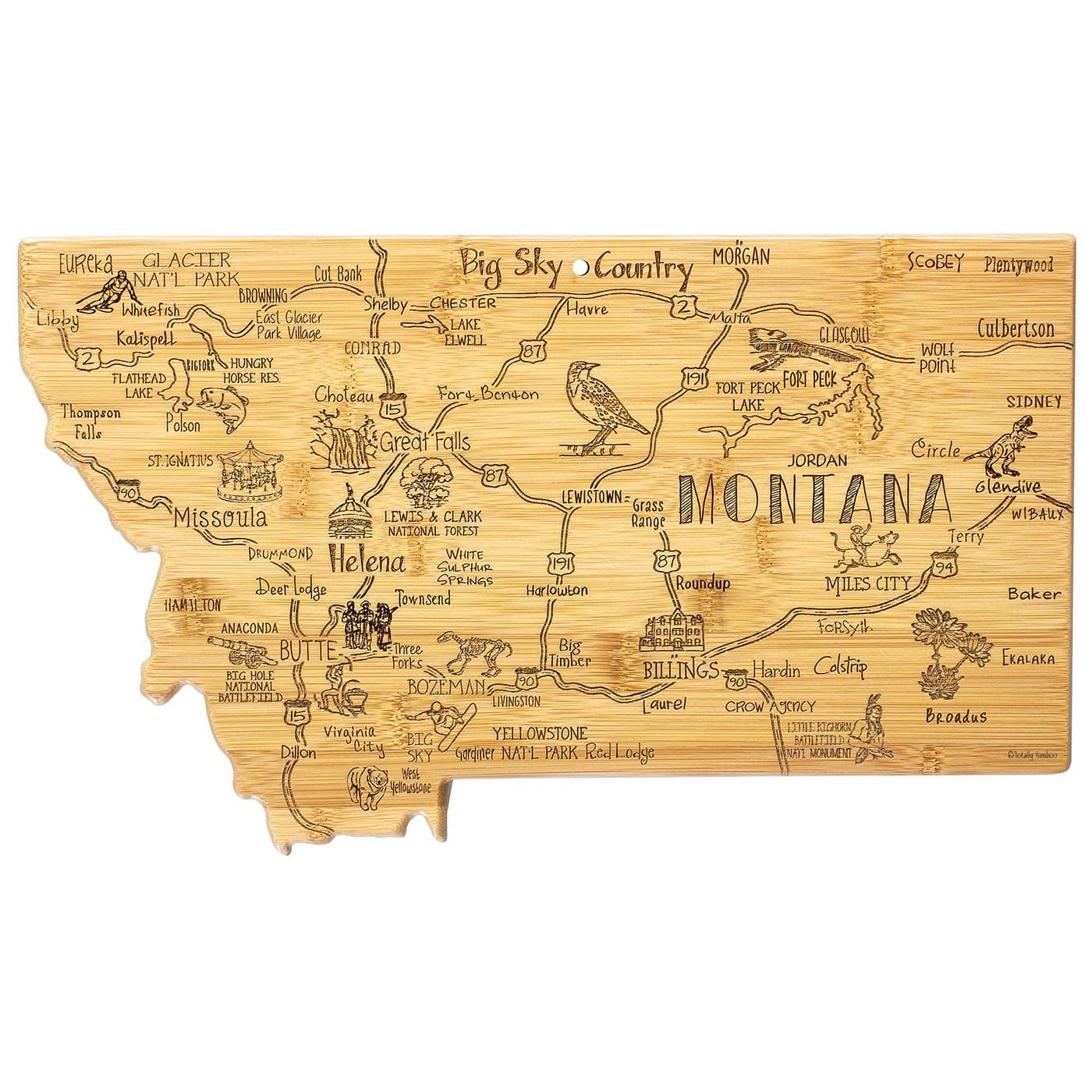 Totally Bamboo Destination Montana State Shaped Serving and Cutting Board Includes Hang Tie for Wall Display