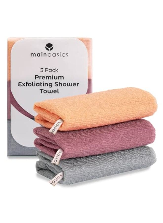 MainBasics Exfoliating Shower Towel Japanese Nylon Bath Towel and Body Washcloth QuickDry Durable Deep Exfoliation Set of 3 Coral Reef