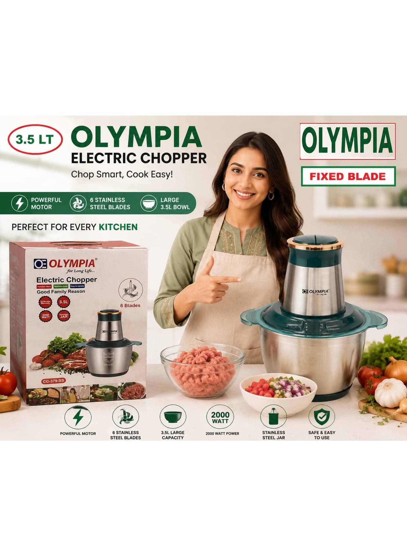 Olympia Electric Kitchen Chopper – 3.5L Large Capacity Food Cutter with Powerful Motor Transform your meal prep routine with this efficient electric kitchen chopper. Designed for quick chopping, mincing, and mixing, it features a generous 3.5L capacity, durable construction, and six stainless steel