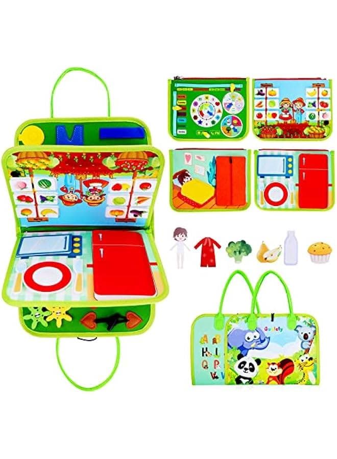 Busy Board - Montessori Toys for 1 2 3 4 Year Old with Life Skill, Role-Play,Alphabet, Number, Shape, Animal, Weather, Toddlers Travel Toy Gift Ideal for Boy Girl-Green