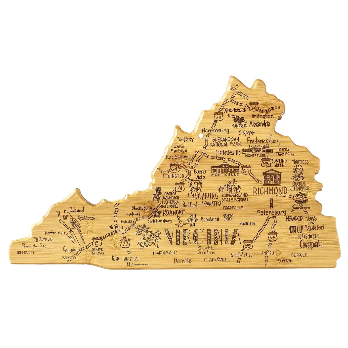 Totally Bamboo Destination Virginia State Shaped Serving and Cutting Board Includes Hang Tie for Wall Display