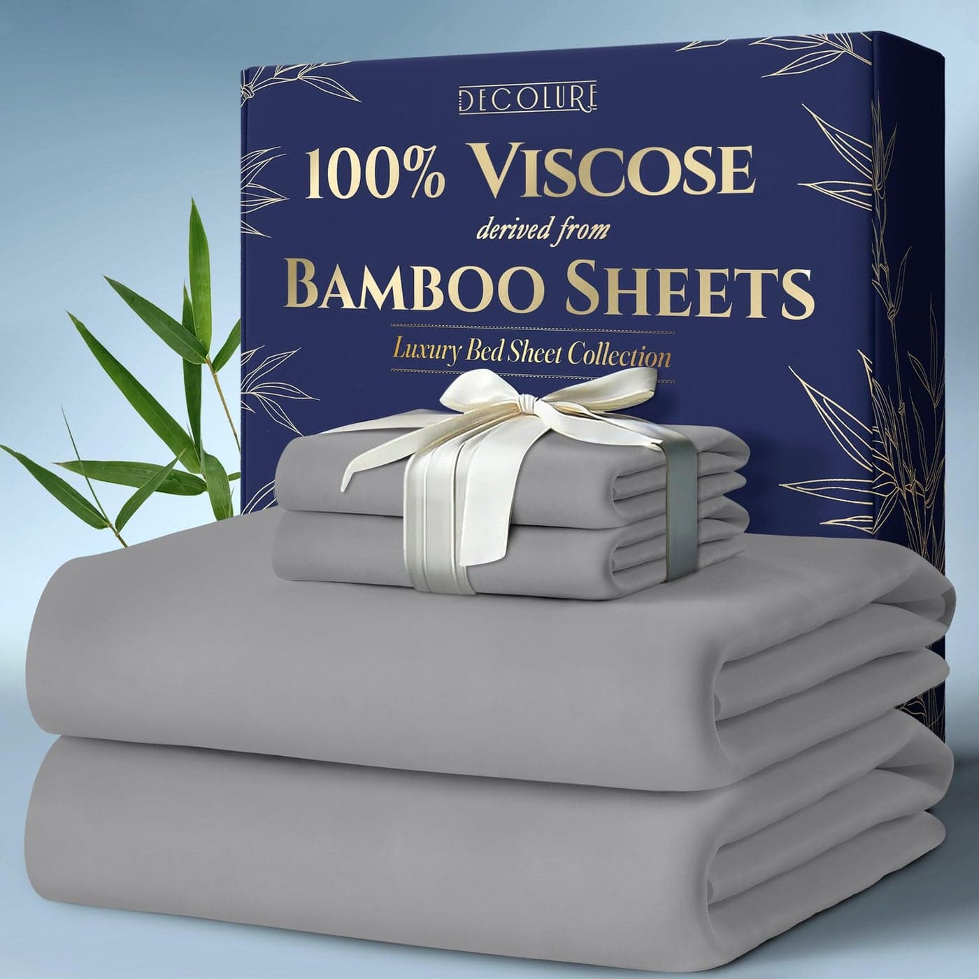 DECOLURE 100 Viscose Derived from Bamboo Sheets Queen Size 4pcs Ultra Soft Luxuriously Cooling 17 Deep Pocket Double Stitching Perfect for Hot Sleepers Queen Bed Sheets Midgrey