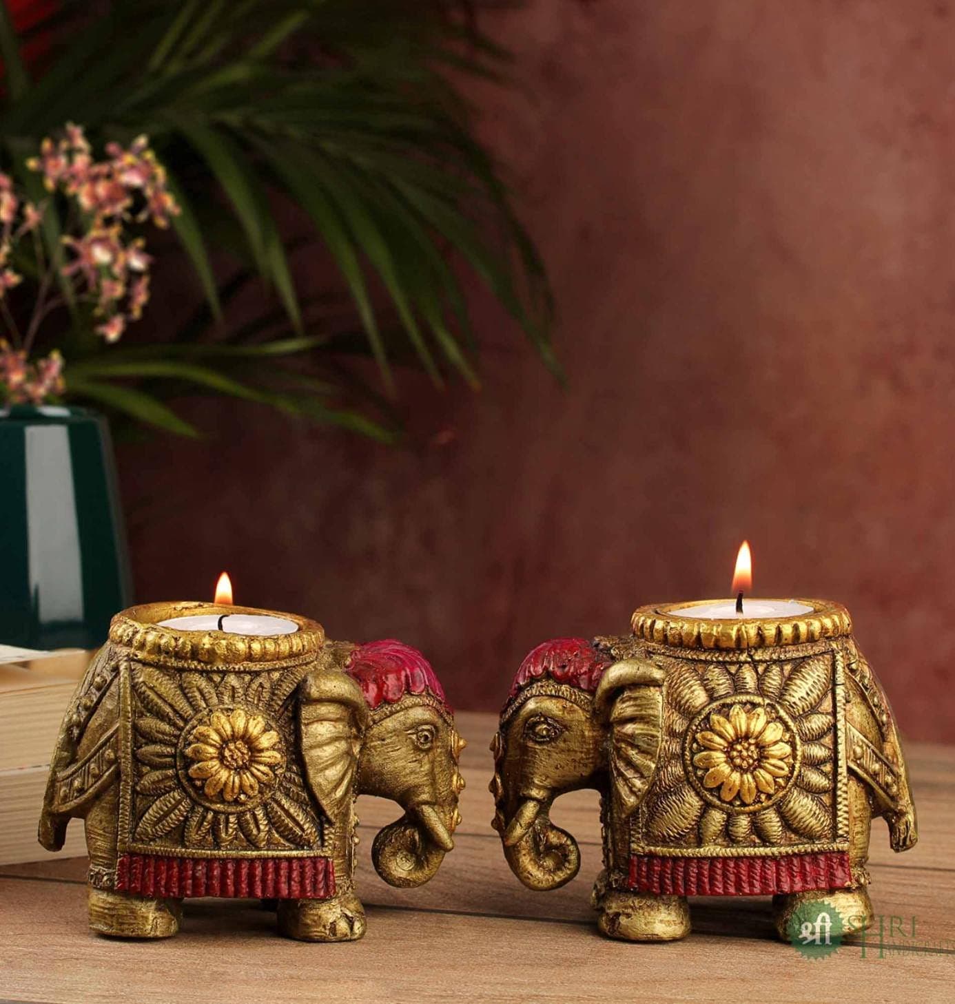 INDICAST Resin Elephant Candle for Home Décor Set of 2 Handcrafted Diwali Diya Decorative Showpieces Reusable Tealight Candle Holder for Living Room Dining Area Gifts Item (Golden)