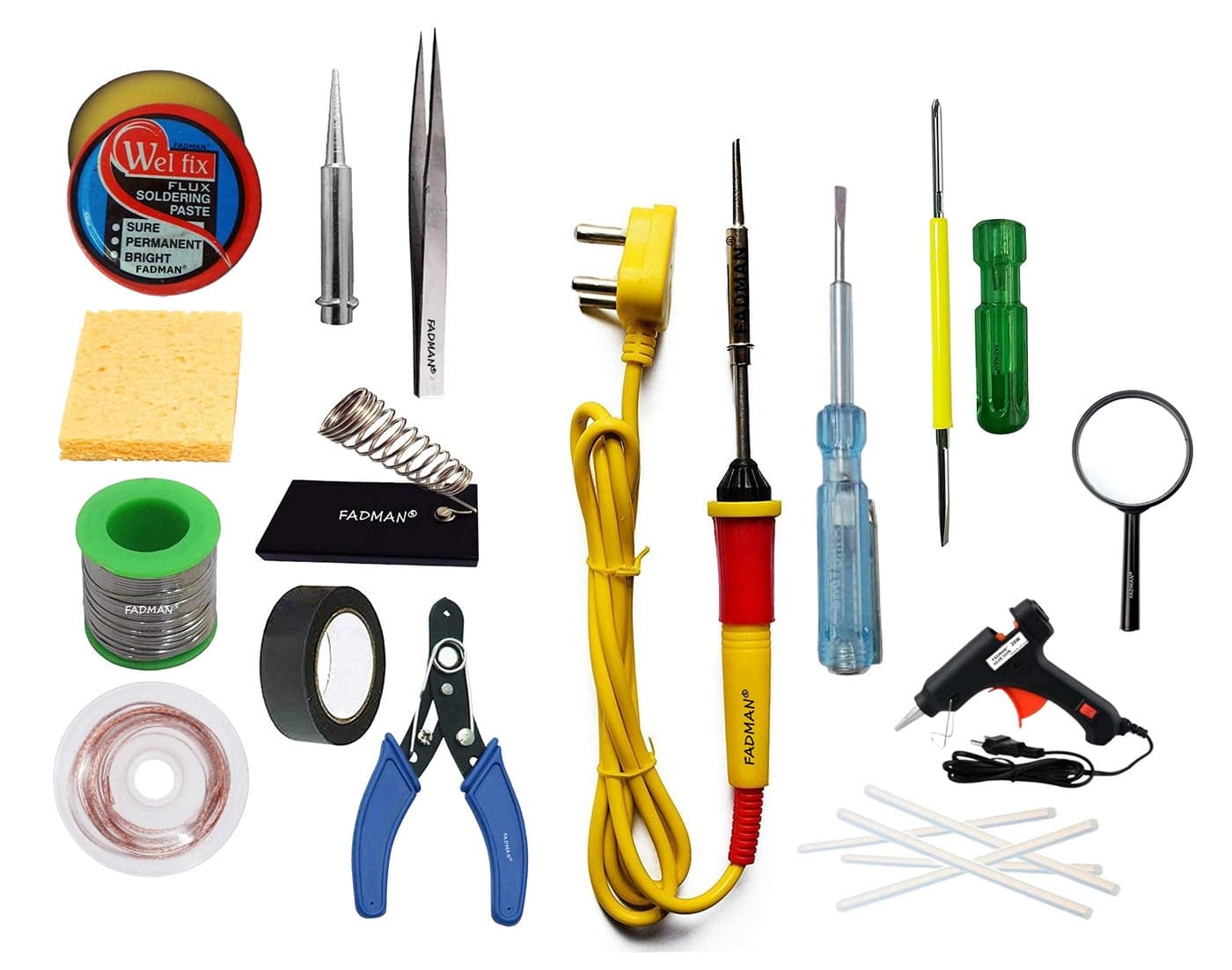 Fadman Basic Complete Kit Type-15 Soldering Iron Kit|M-Glass|Gun & Sticks|Corded Electric,Tape|Wick|Tester|Screw Driver|Cutter|Sponge|Tweezer|Bit|Stand|S-Wire|Paste|Yellow Soldering Iron |
