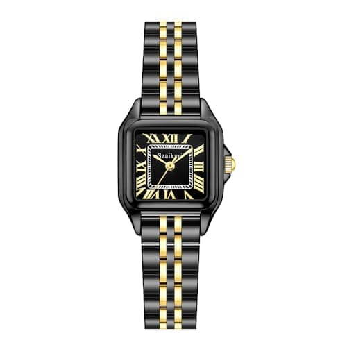 Szaikyri Classic Square Watches for Women with Roman Numerals Ladies Casual Dress Watch (Gold and Black)