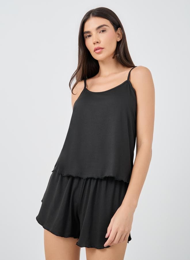 Solid Strappy Top And Shorts Pyjama Set
