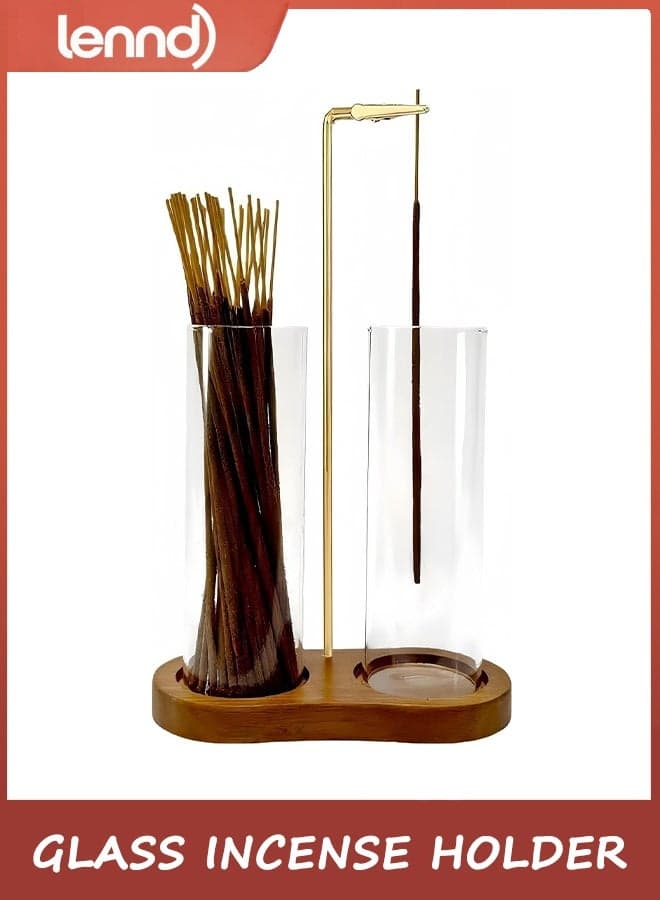 Glass Incense Holder,2 in 1 Incense Sticks Burner Holder with Storage,Hang Upside Down Incense Holder for Sticks with Glass Ash Catcher for Meditation Yoga Spa Room Decor (Brown)