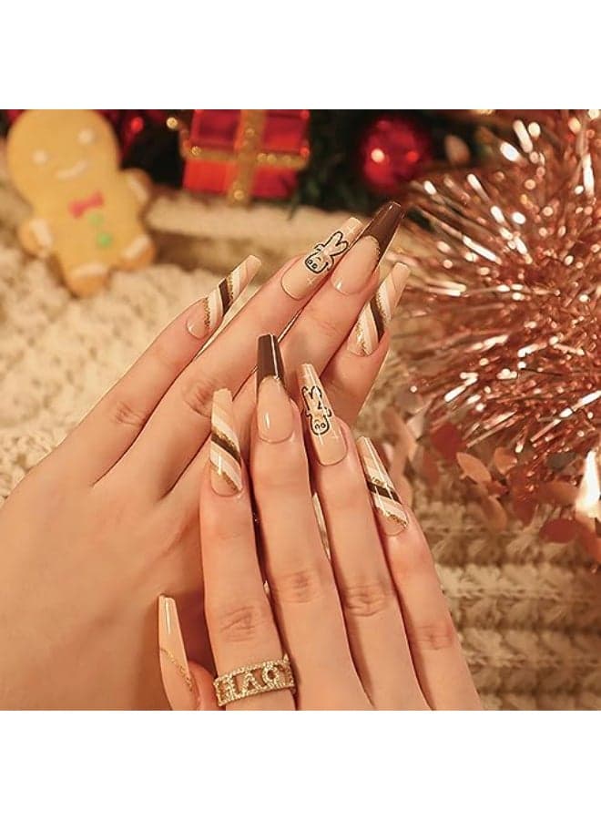 Christmas Artificial Fake Nails Press on Nails Square Long Length 24Pcs Glossy Full Cover Acrylic Coffin False Nails with Xmas Gingerbread Man Designs Stick on Fingernails for WinterJP1897