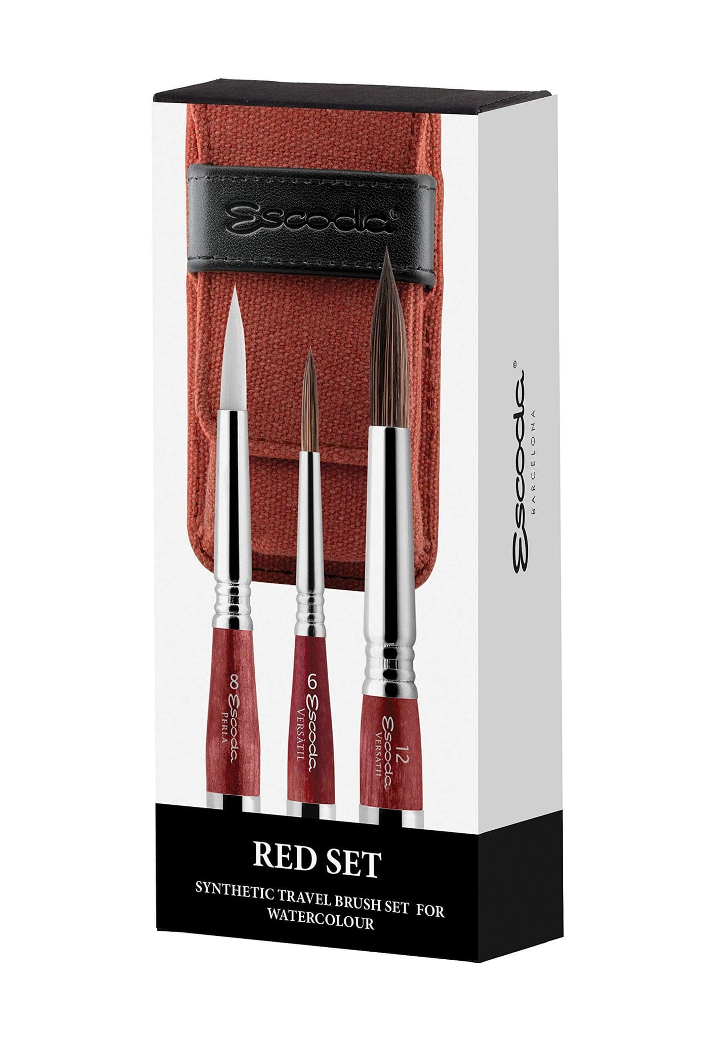 Escoda Artist Watercolor Travel Brush Set wCanvas Pouch 3 Short Handle Brushes Red