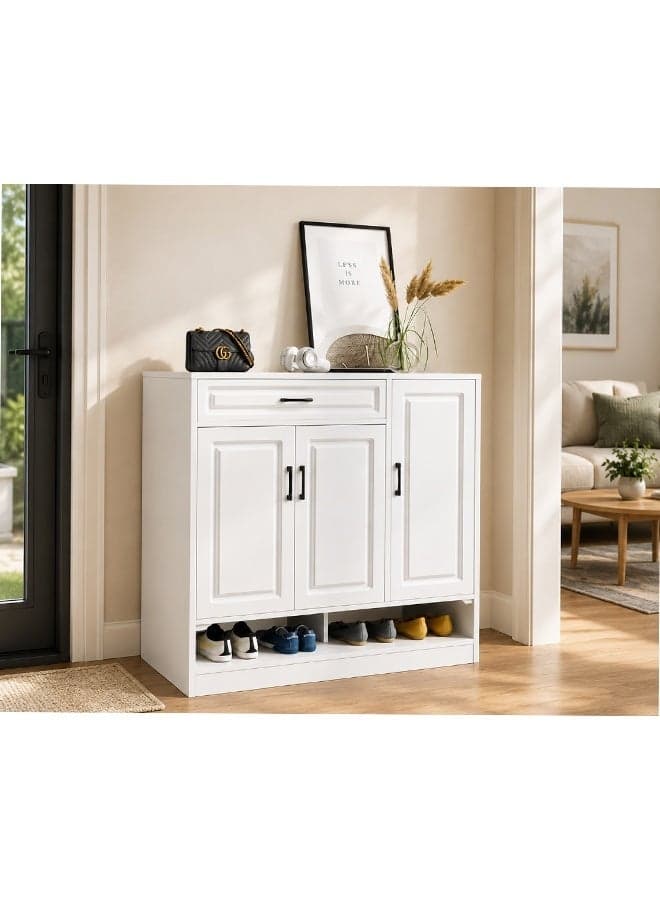 Wooden Shoe Cabinet | Shoe Storage Cabinet with Drawer | 3 Door Entryway Shoe Rack Organizer | Modern Space Saving Shoe Organizer for Home, Hallway & Living Room | White | 90 CM