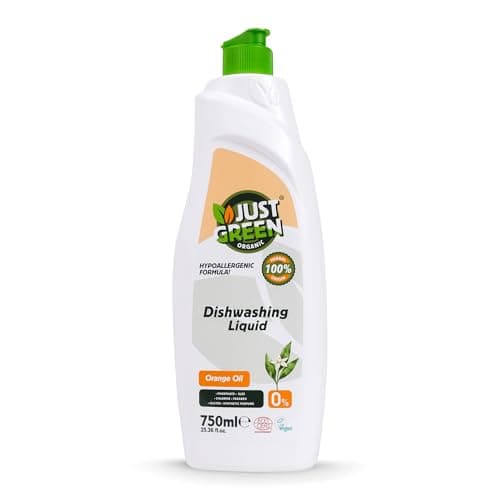 Just Green Organic Dish Soap, Plant-Based Dishwashing Liquid, Non-Toxic, Hypoallergenic, EcoCert Certified, Vegan, Grease-Cutting, Orange Scent, 25.36 fl oz (750 ml)