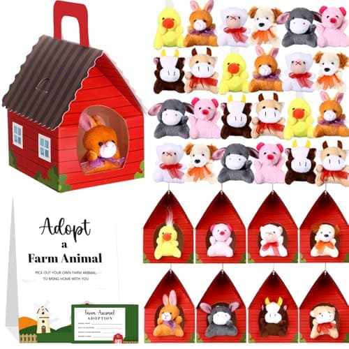 Blueweenly 37 Pcs Adopt a Farm Animal Set Party Favors Mini Plush Farm Toys Foldable Red Carton Barn Adoption Cards 1 Sign Animal Bulk with Favor Bags for Adopt a Pet Party Favors Birthday Supply