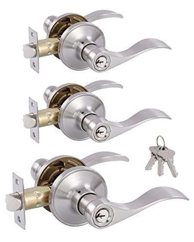 GITRANG (3 Pack) Door Levers Interior Keyed Difference Entry Front/Bedroom Door Handles for Left and Right Opened Door with Lock and Keys Set in Satin Nickel